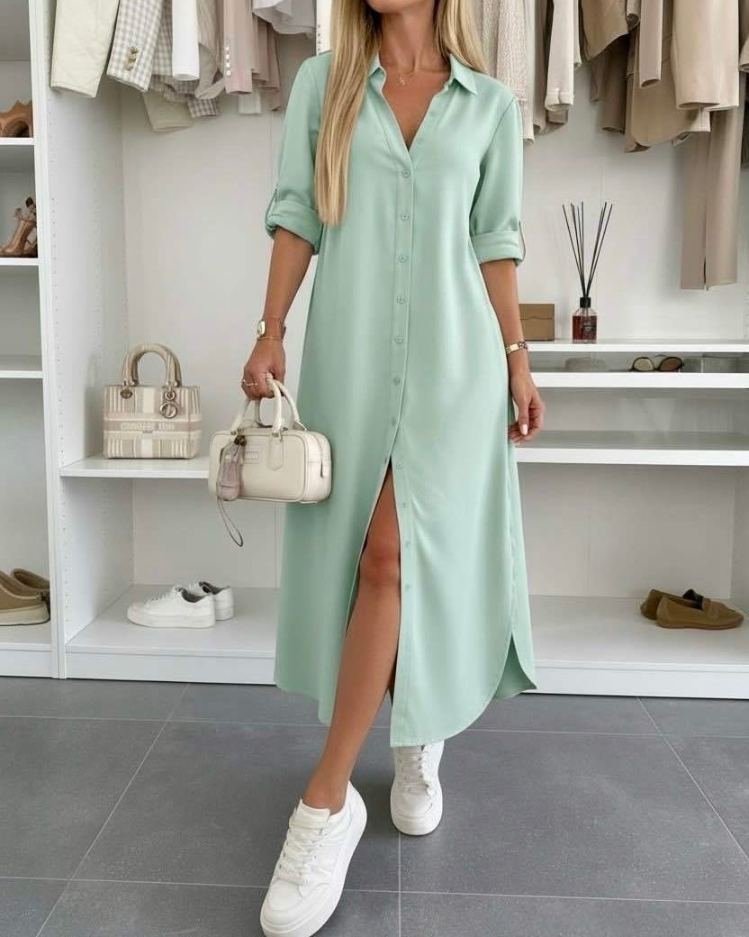 Oversized shirt dress in light mint, short sleeves, V-neck, front button placket, slit