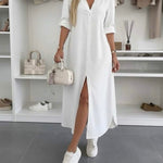 Oversized shirt dress in white, short sleeves, V-neck, front buttons, side slit