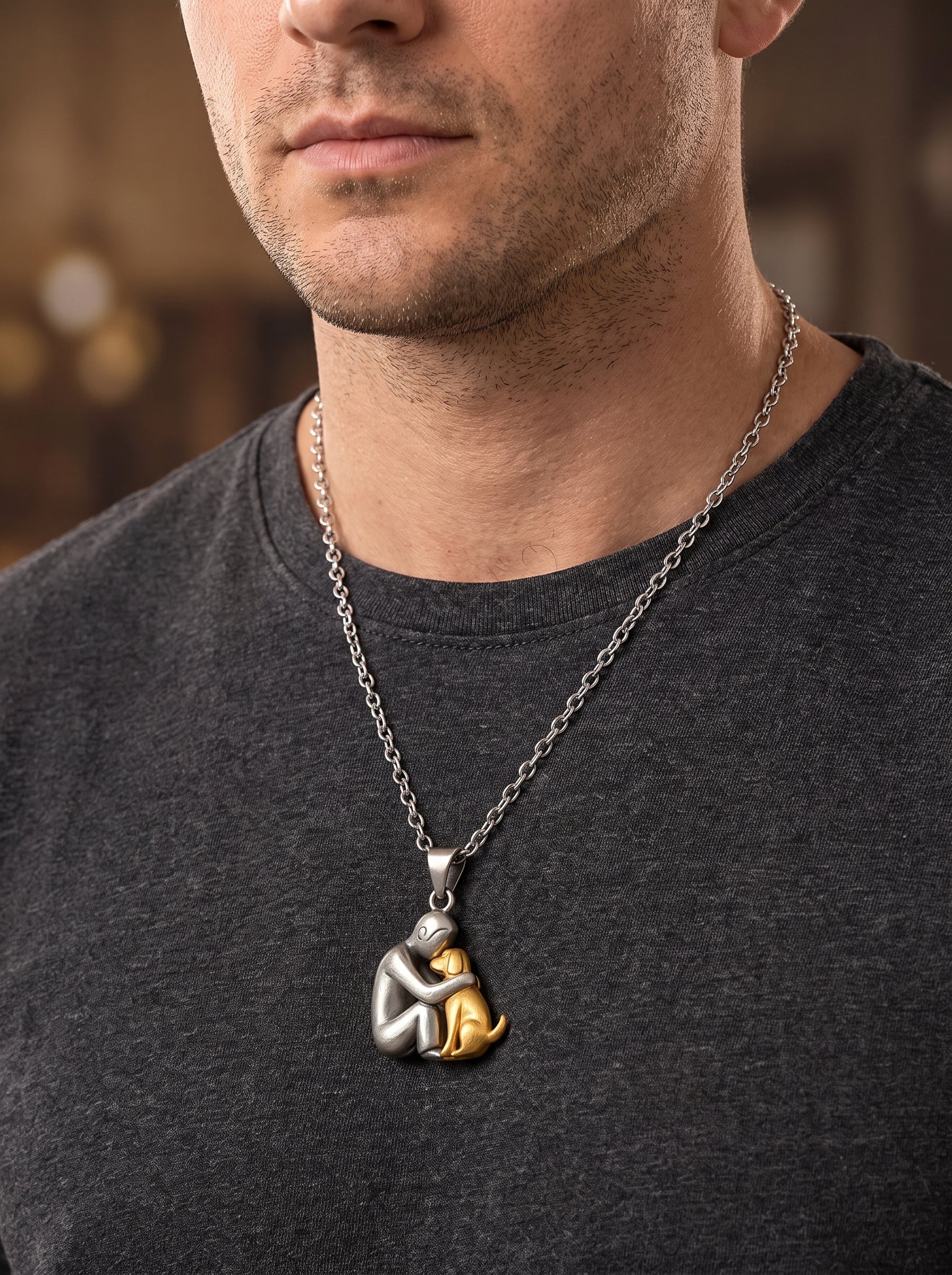 Cat hug pendant necklace with silver chain and gold-tone heart-shaped charm