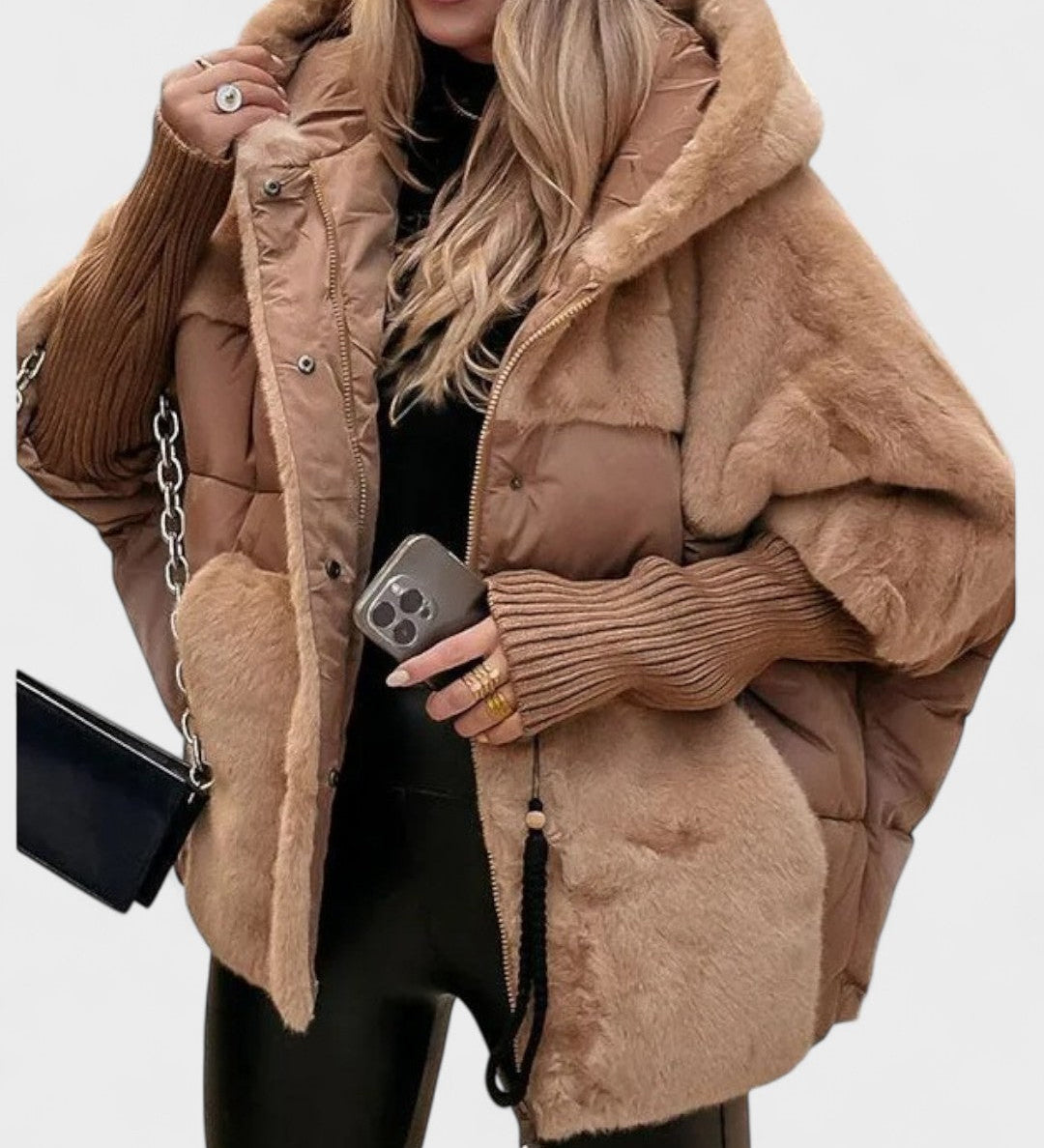 Camel hooded puffer jacket with sherpa collar and sleeves, zip front
