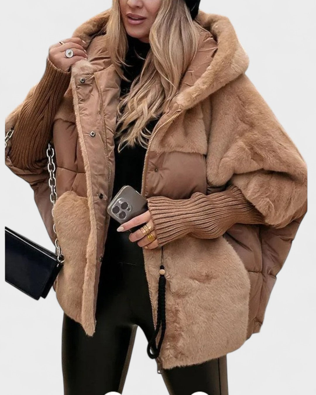 Camel hooded puffer jacket with sherpa collar and sleeves, zip front