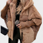 Camel hooded puffer jacket with sherpa collar and sleeves, zip front