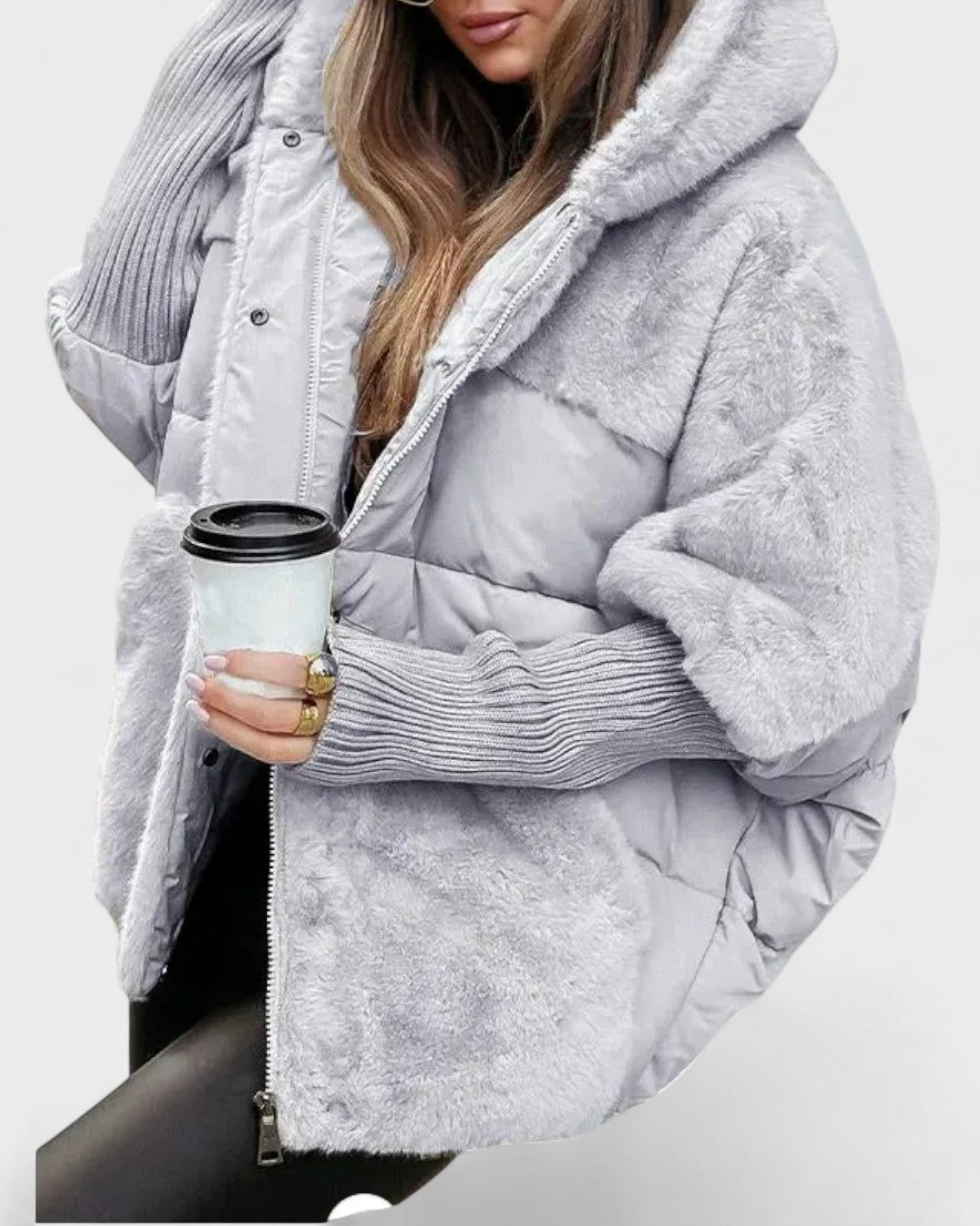 Light gray hooded puffer jacket with sherpa lining and zipper front