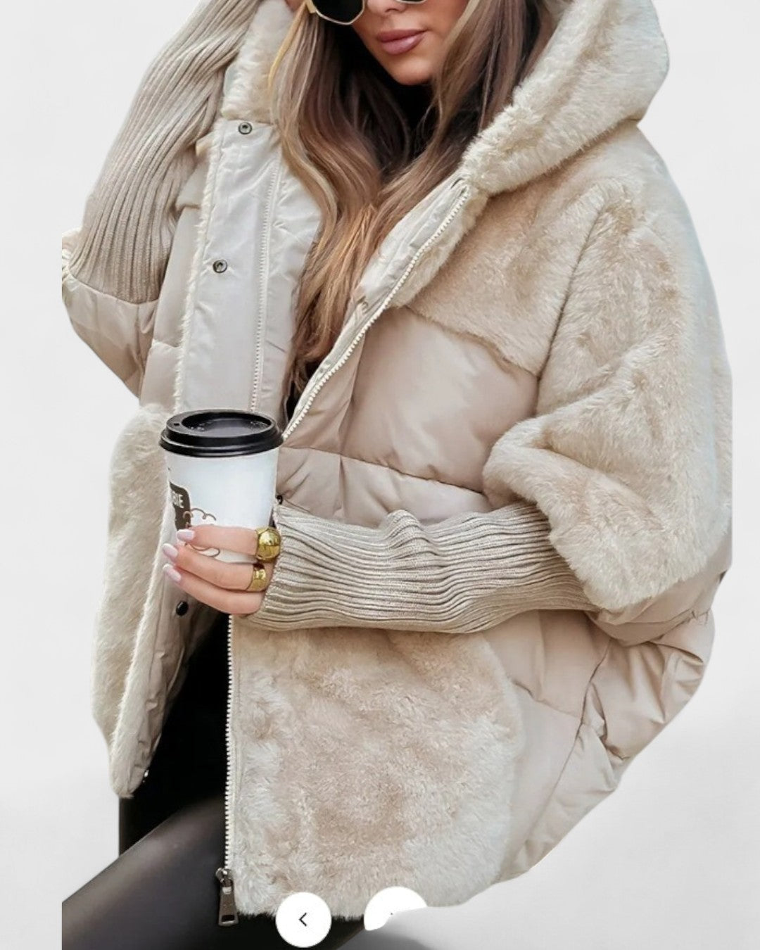 Beige hooded puffer jacket with sherpa trim and zip front