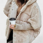 Beige hooded puffer jacket with sherpa trim and zip front