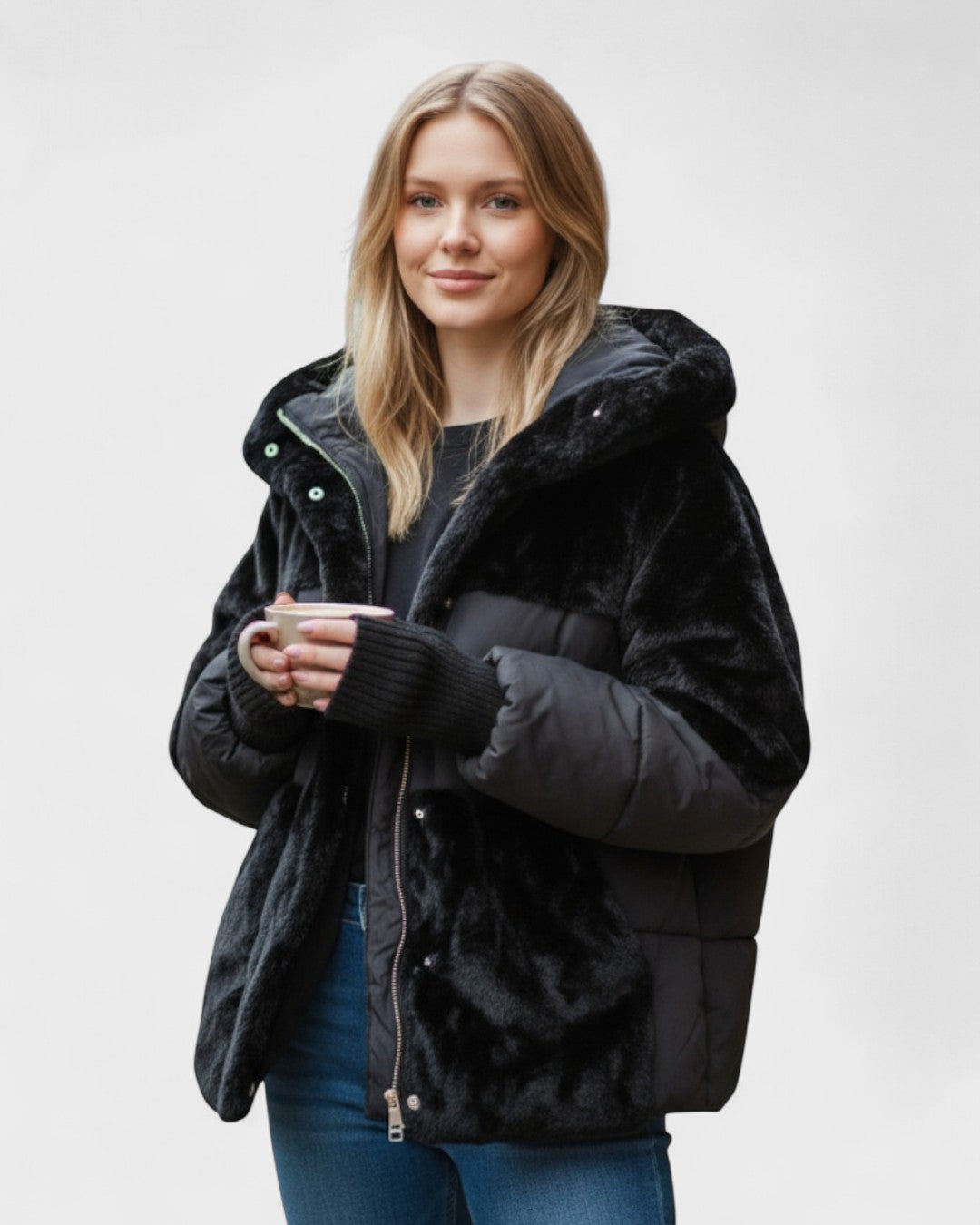 Black hooded faux-fur puffer jacket with zip front and drawstring