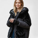 Black hooded faux-fur puffer jacket with zip front and drawstring