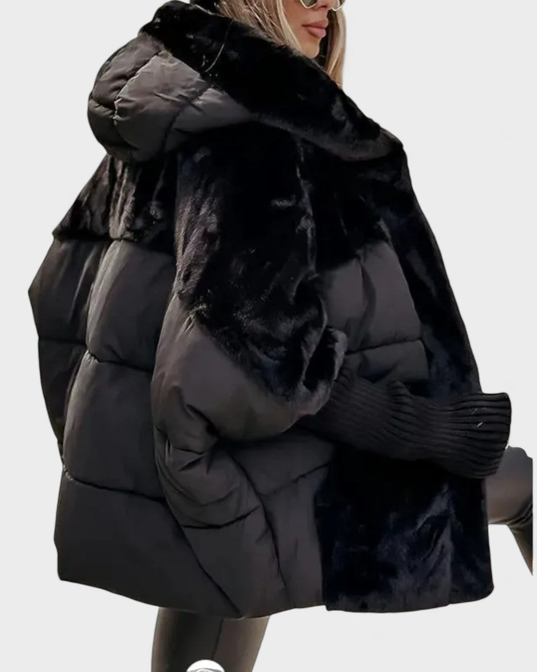 Black hooded puffer jacket with plush trim and elastic knit cuffs
