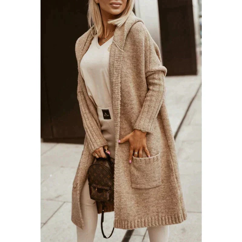 Beige hooded long cardigan sweater with open knit texture and front patch pockets