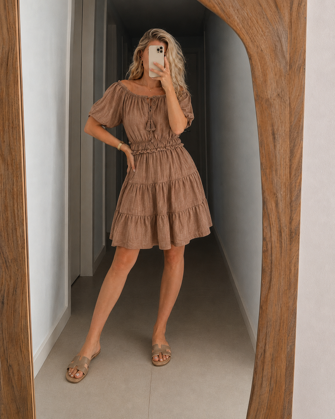 Tan off-shoulder tiered dress with short puff sleeves and elastic smocked waist