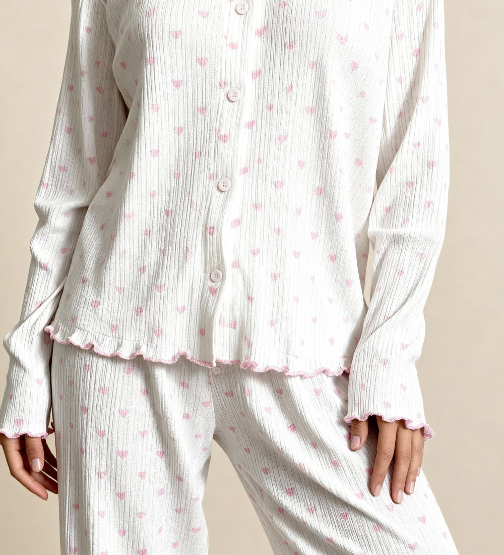 Noma pajama set, white with pink heart print, button-up long-sleeve top and pants