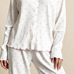 Noma pajama set, white with pink heart print, button-up long-sleeve top and pants