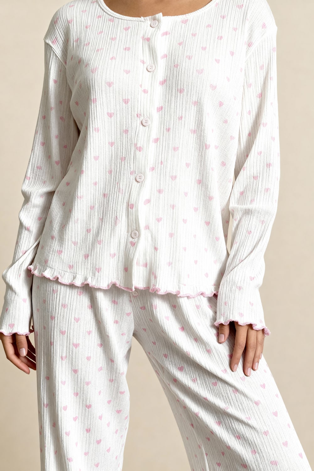 Noma pajama set, white with pink heart print, button-up long-sleeve top and pants