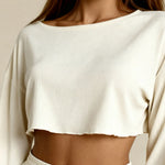 Women's off-white ribbed cropped pajama top with long sleeves