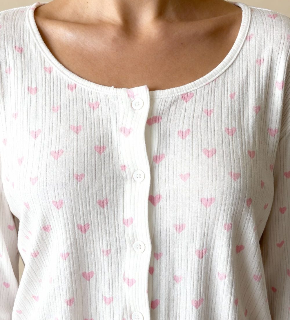 Noma pajama top with pink heart print, button front and round neckline