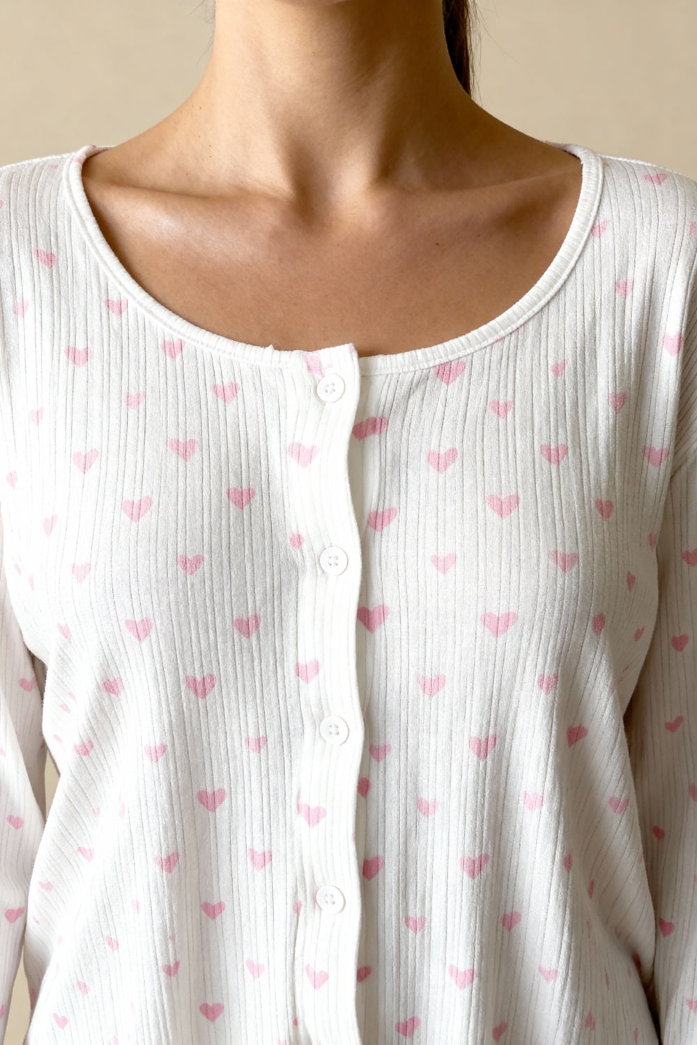 Noma pajama top with pink heart print, button front and round neckline