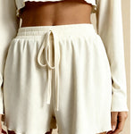 Women's off-white drawstring pajama shorts with elastic waistband