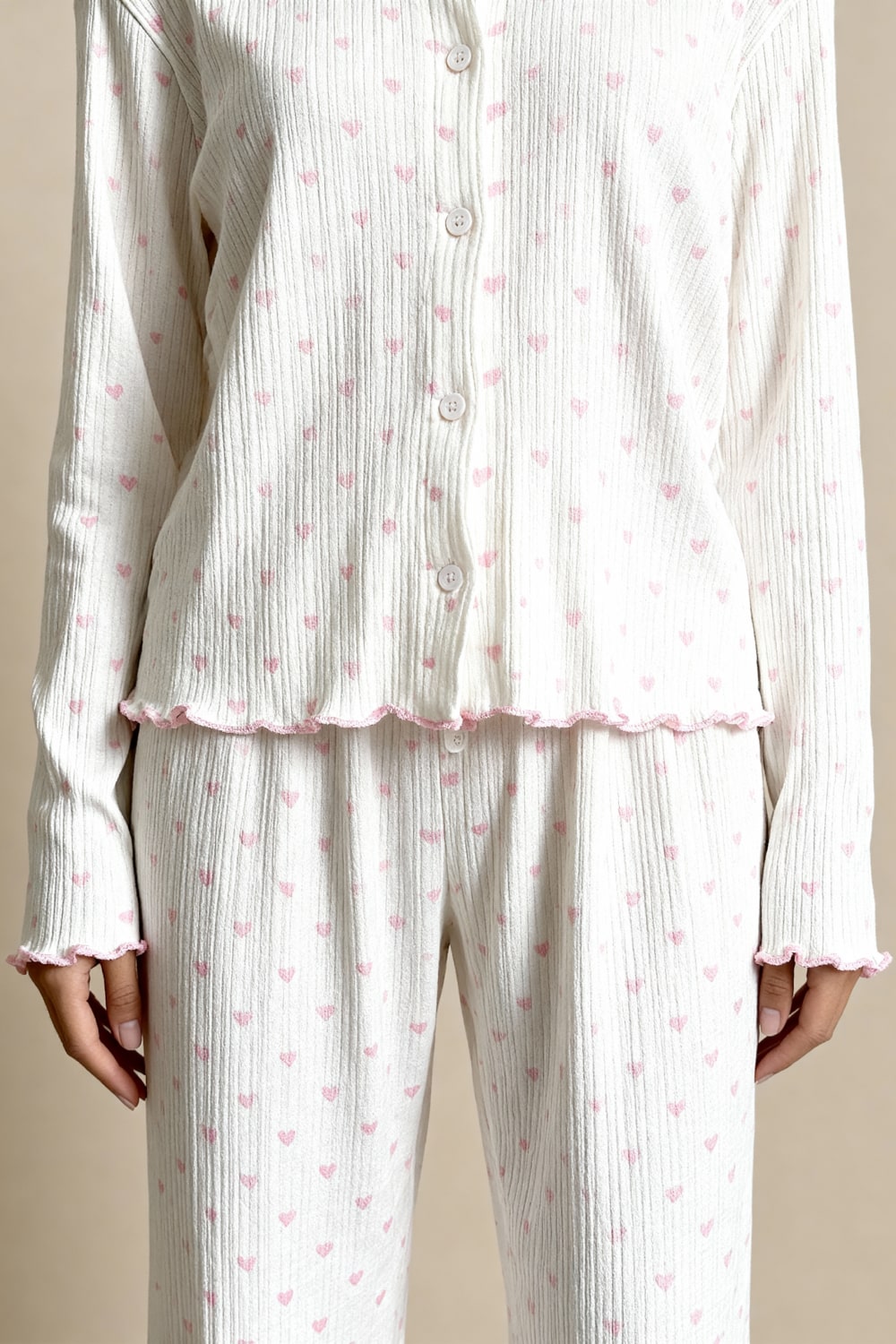 Noma pajama set with pink heart print, button placket and elastic-waist pants