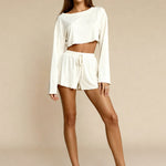 Women's off-white long-sleeve pajama set with drawstring shorts, relaxed fit