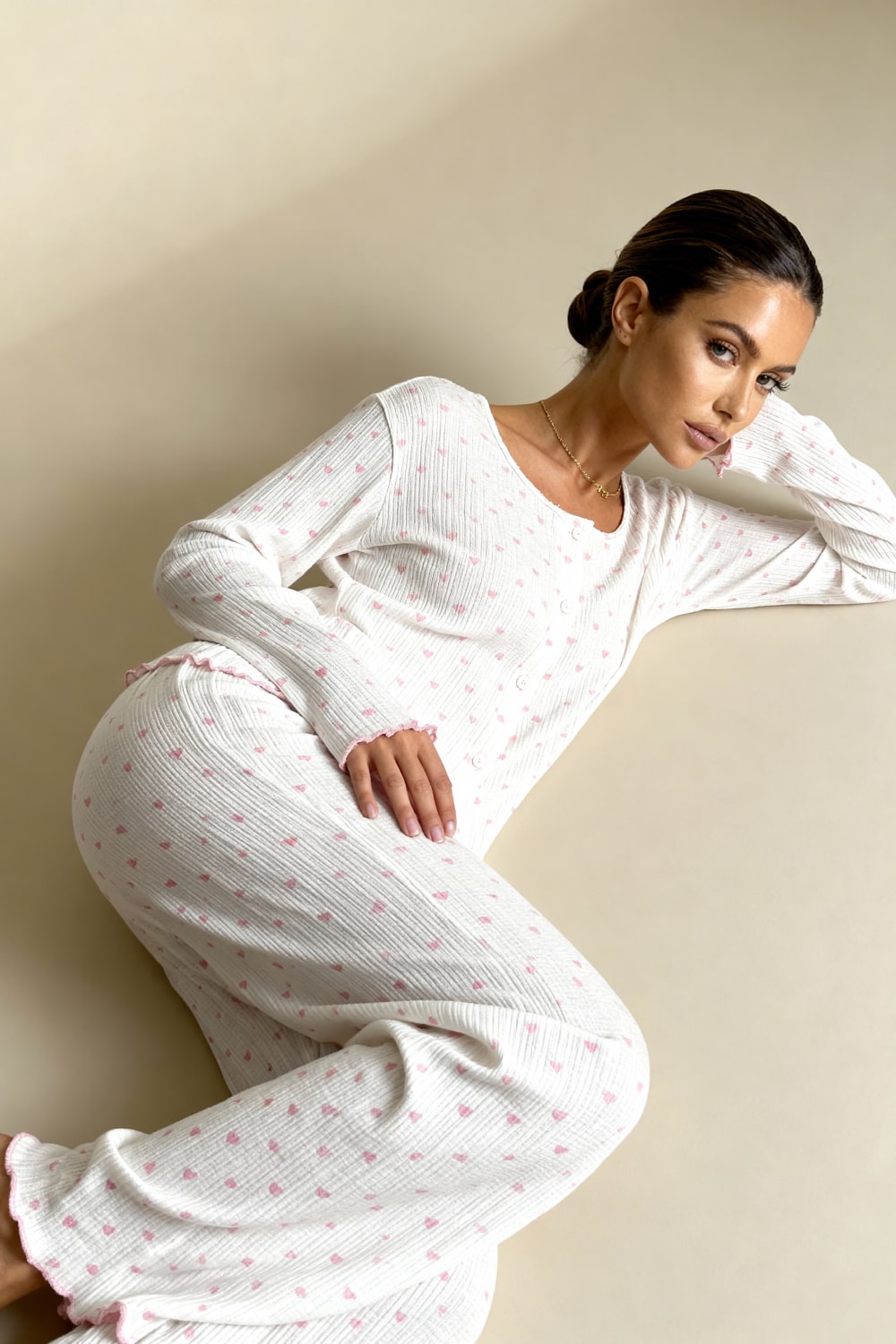 Noma heart-print pajama set, loose long-sleeve top and matching long pants