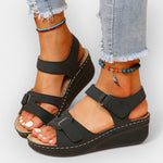 Black open-toe platform sandals with three straps and textured sole edge