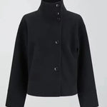 Cropped black jacket with high stand collar and button front placket