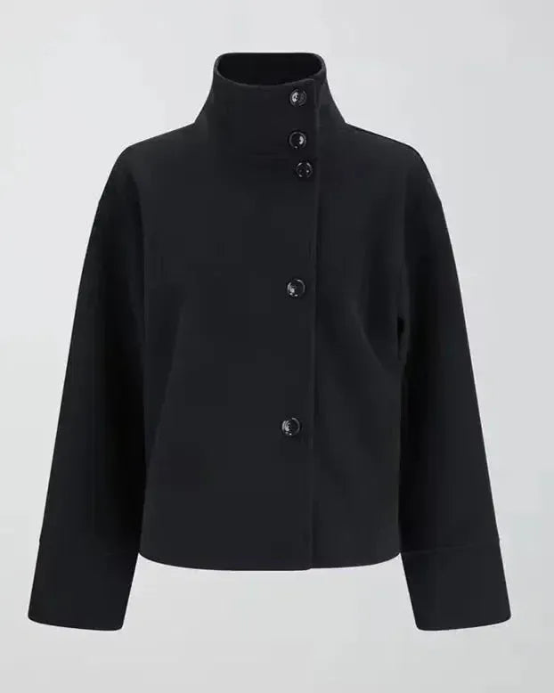 Cropped black jacket with high stand collar and button front placket