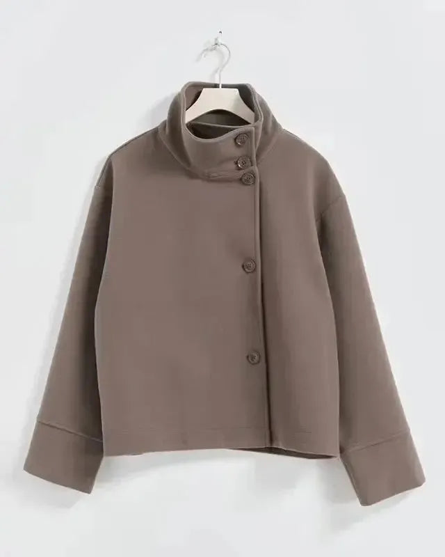 Cropped beige-brown jacket with stand collar and button-up front