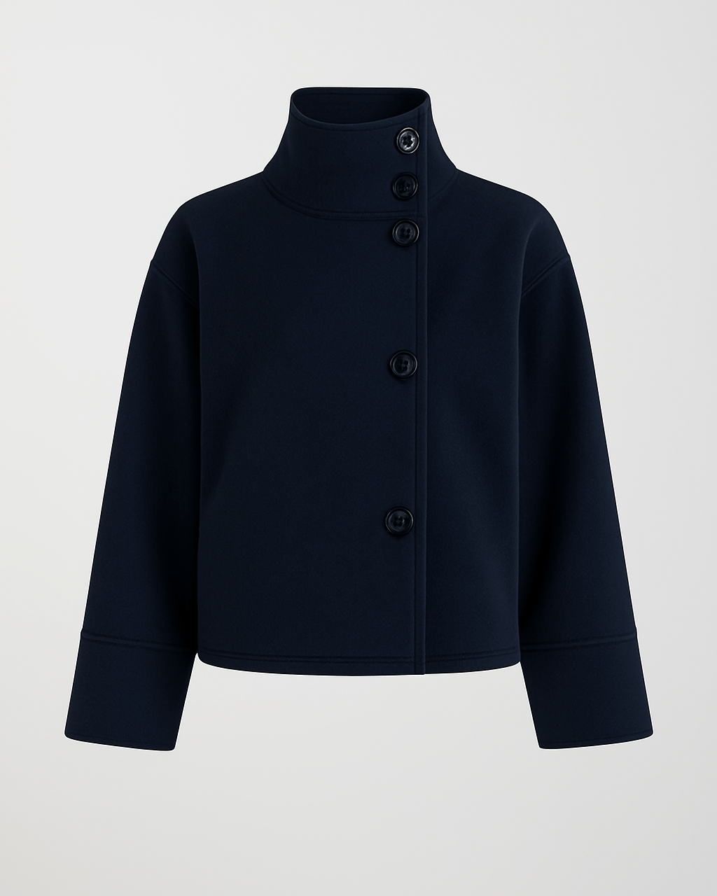 Cropped dark navy jacket with stand collar and vertical button placket