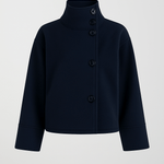 Cropped dark navy jacket with stand collar and vertical button placket