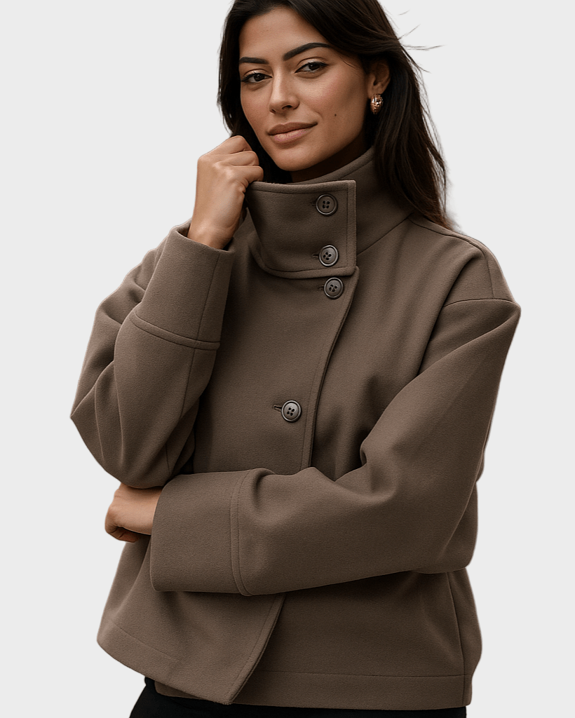 Cropped taupe jacket with high stand collar and three-button front detail