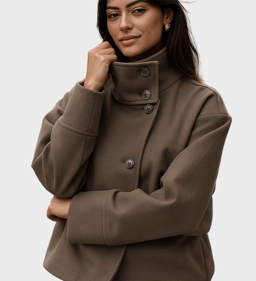 Cropped taupe jacket with high stand collar and three-button front detail