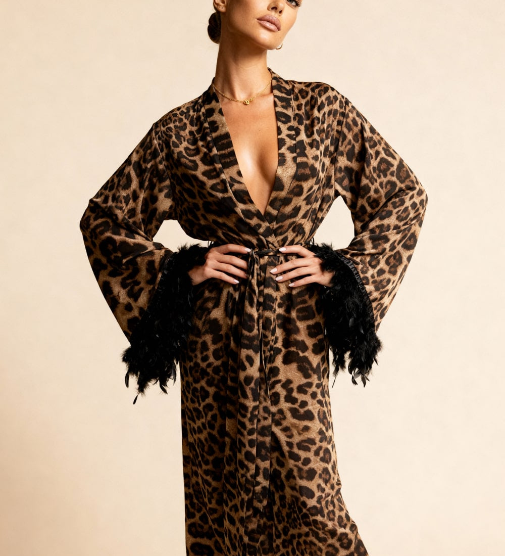 Leopard print kimono robe with deep V-neck and tied waist, faux feather cuffs
