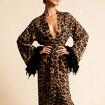 Leopard print kimono robe with deep V-neck and tied waist, faux feather cuffs
