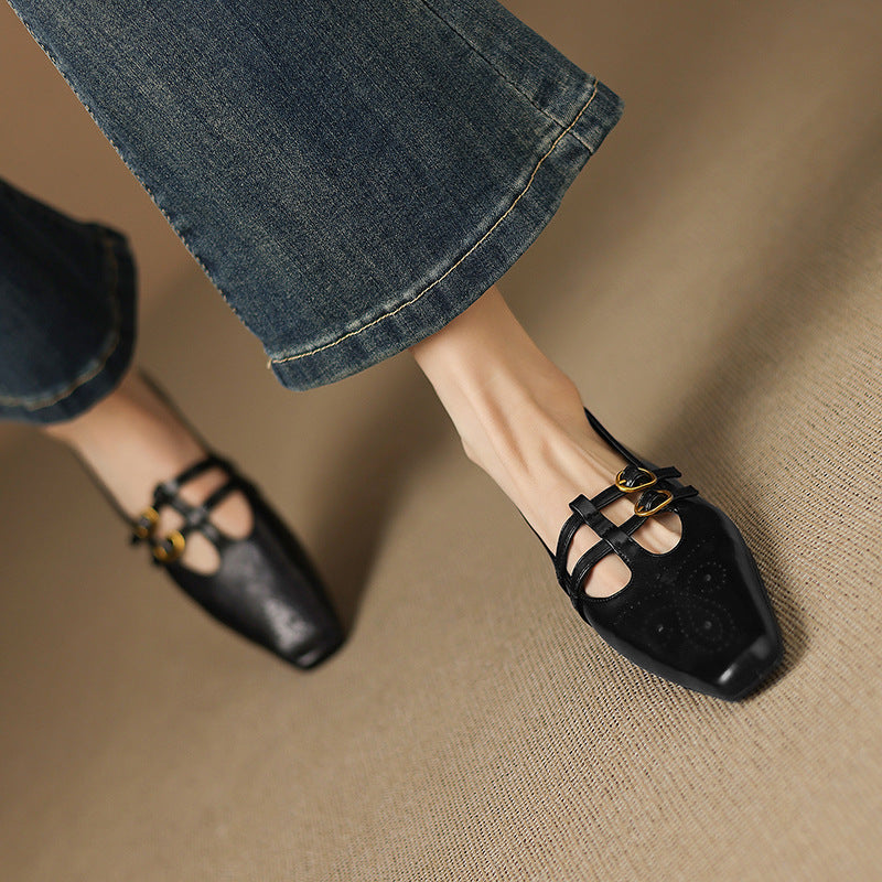 Ceyla black Mary Jane flats with perforated detailing and double buckle straps