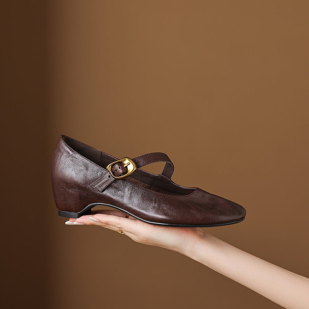 Dark brown Mary Jane shoe with round toe and buckle strap, close-up