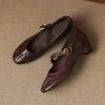 Pair of dark brown Mary Jane shoes with round toe and buckle strap
