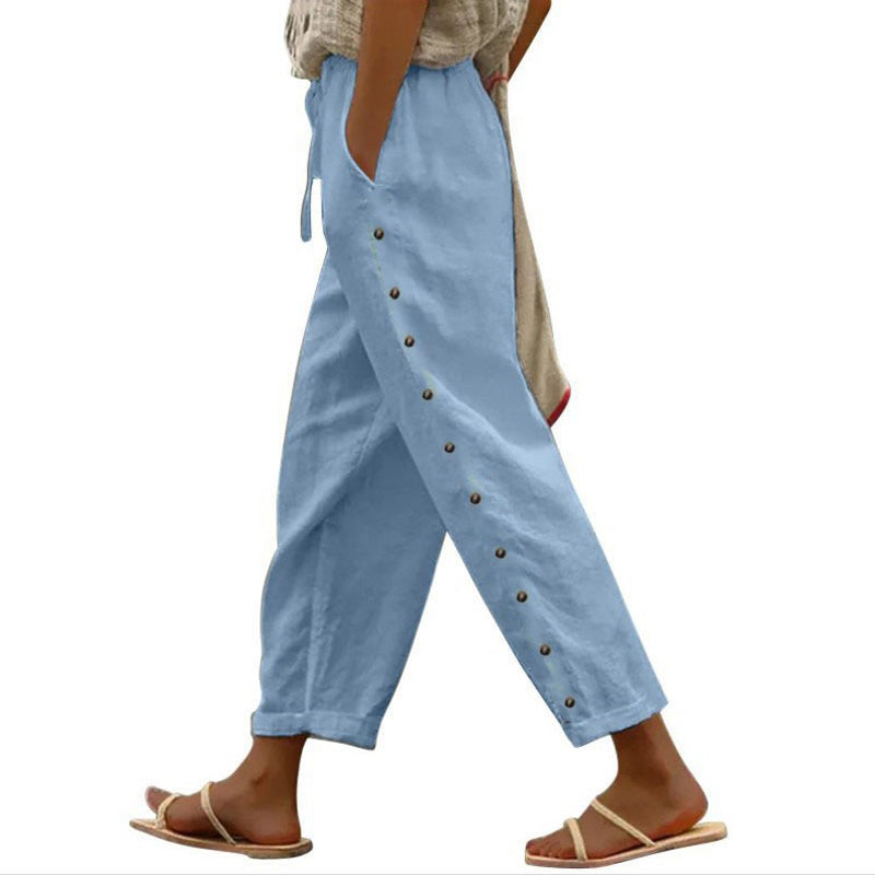 Dorin straight-leg trousers with drawstring waist and side buttons, light blue