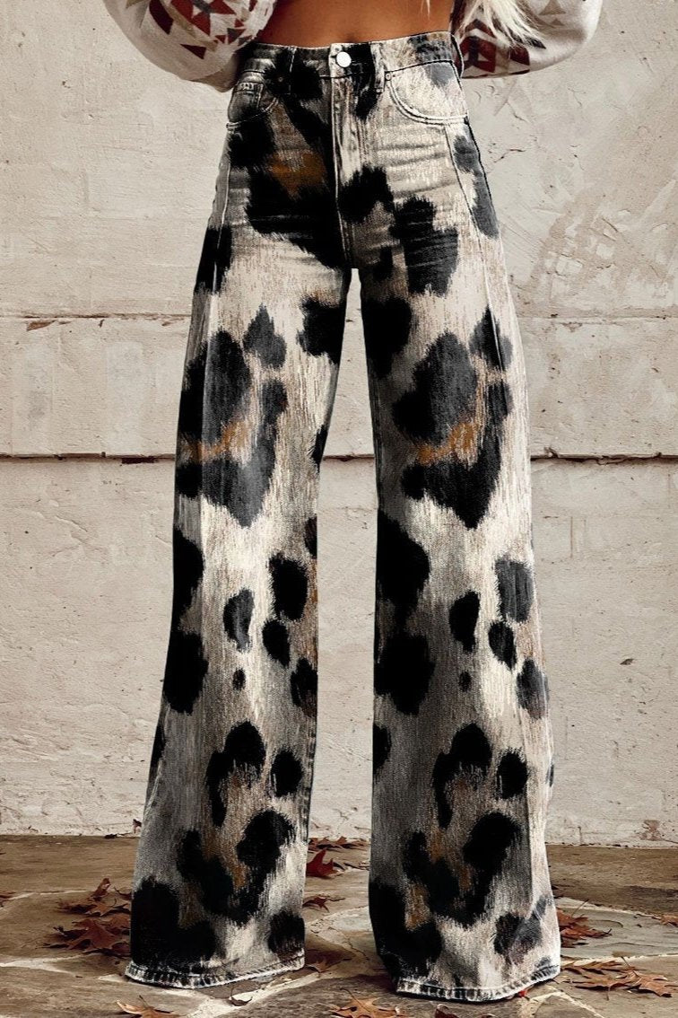 Boho leopard-print wide-leg trousers, high-waist denim with button fly