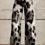 Boho leopard-print wide-leg trousers, high-waist denim with button fly