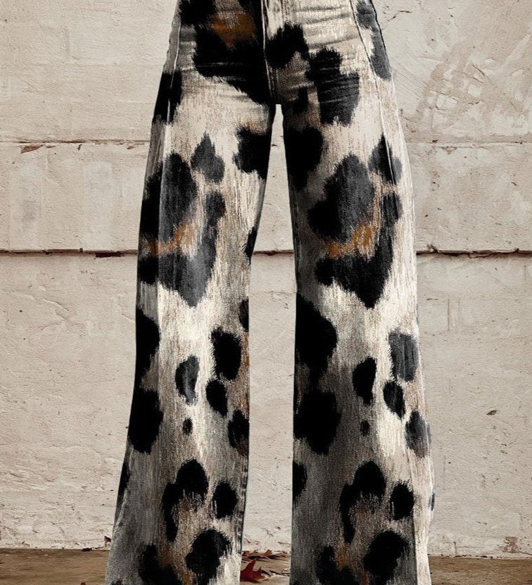 Boho leopard-print wide-leg trousers, high-waist denim with button fly