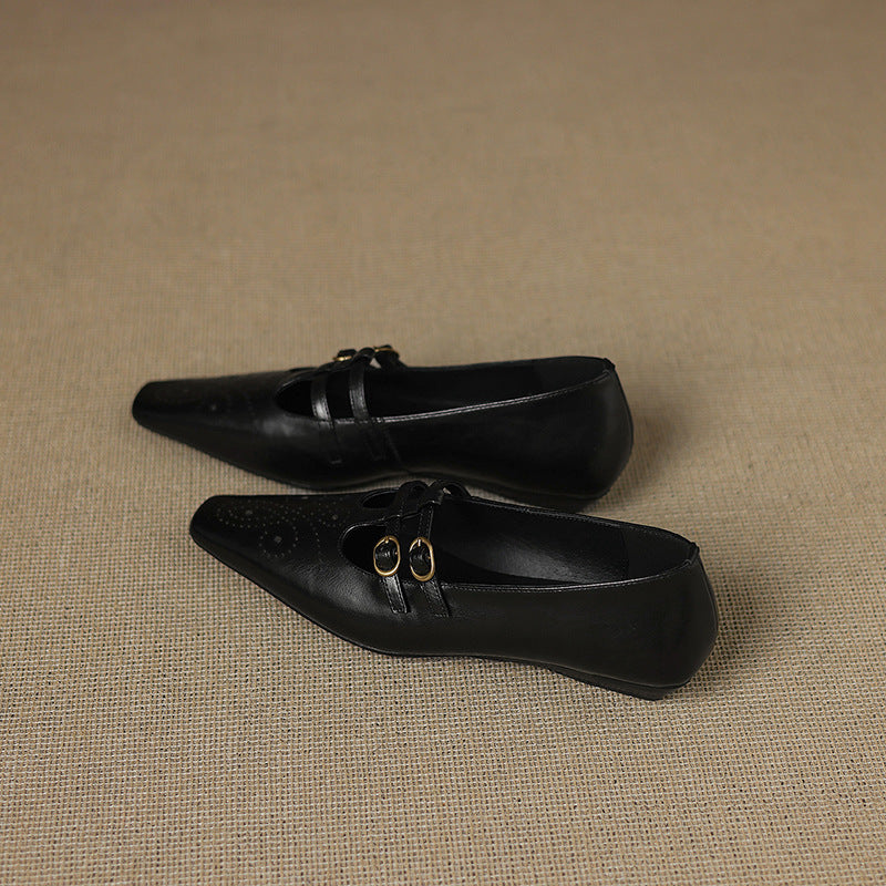 Ceyla black Mary Jane flats with double straps and perforated toe, side view