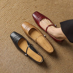Set of Mary Jane flats: red, tan, and black square-toe styles with woven straps.