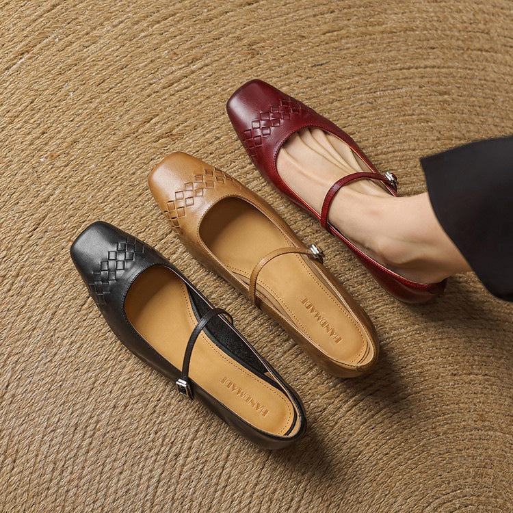 Set of Mary Jane flats: red, tan, and black square-toe styles with woven straps.