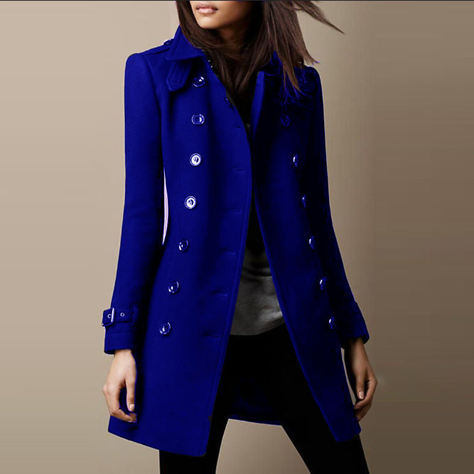 Blue women's long winter coat, double-breasted buttons, notch lapels, belted cuffs