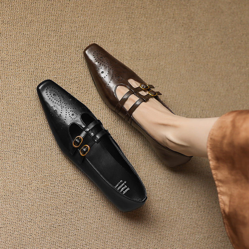 Ceyla Mary Jane dress shoes with double buckles and perforations, black and dark brown