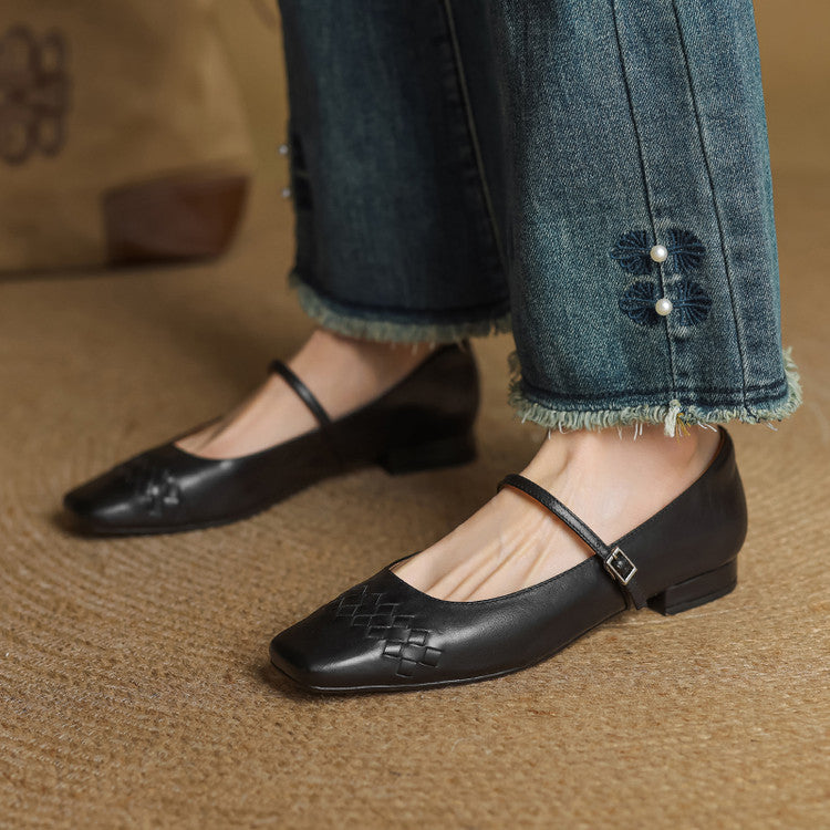Black Mary Jane flats with square toe and ankle strap, woven lattice detail