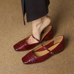 Burgundy Mary Jane flats with square toe, ankle strap, and woven lattice pattern