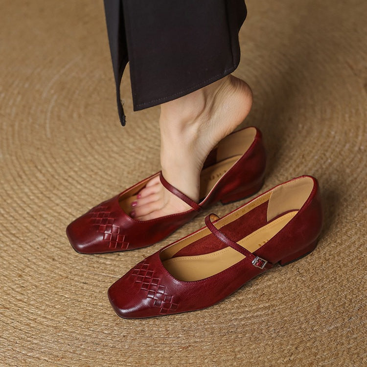 Burgundy Mary Jane flats with square toe, ankle strap, and woven lattice pattern
