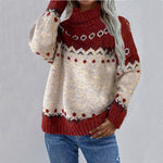 Red and cream knit crewneck sweater with long sleeves and fair isle yoke pattern